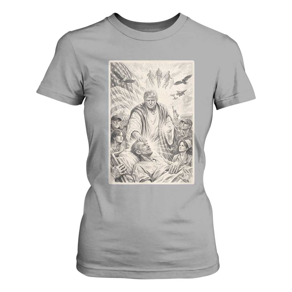Trump The Healer Graphic T Shirt For Women Vintage Etching Style Religious Political Satire TS02 Sport Gray Print Your Wear