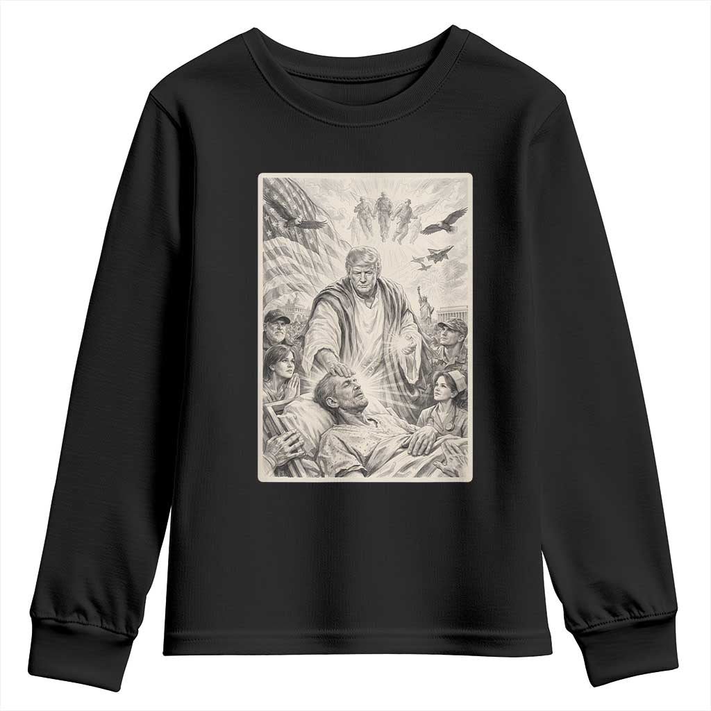 Trump The Healer Graphic Youth Sweatshirt Vintage Etching Style Religious Political Satire TS02 Black Print Your Wear