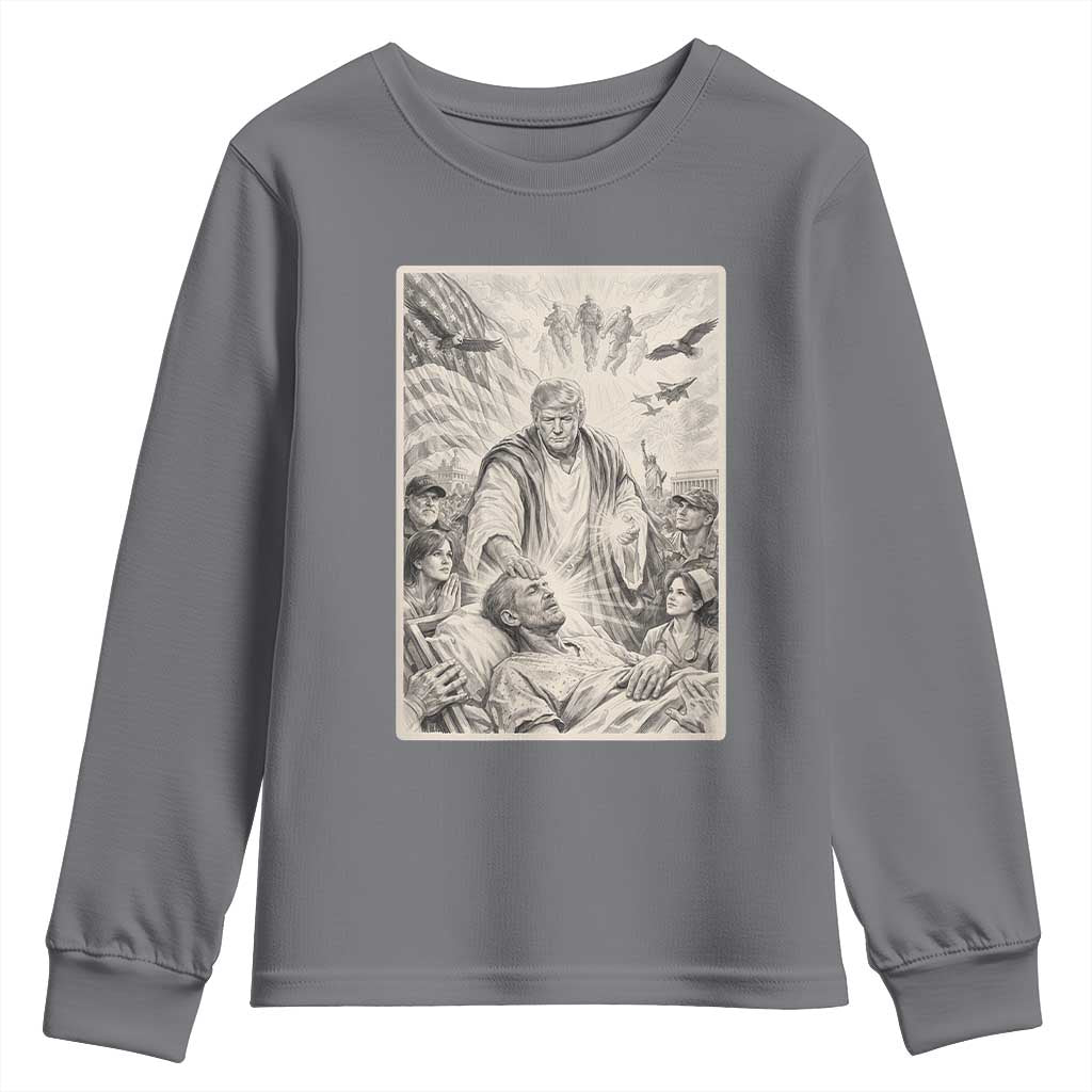 Trump The Healer Graphic Youth Sweatshirt Vintage Etching Style Religious Political Satire TS02 Charcoal Print Your Wear