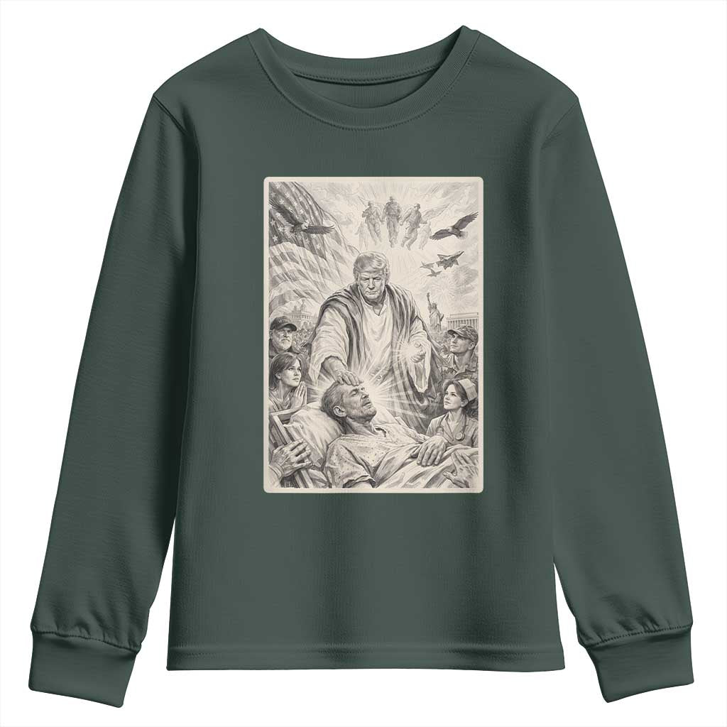 Trump The Healer Graphic Youth Sweatshirt Vintage Etching Style Religious Political Satire TS02 Dark Forest Green Print Your Wear