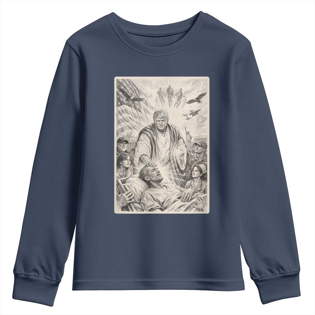Trump The Healer Graphic Youth Sweatshirt Vintage Etching Style Religious Political Satire TS02 Navy Print Your Wear