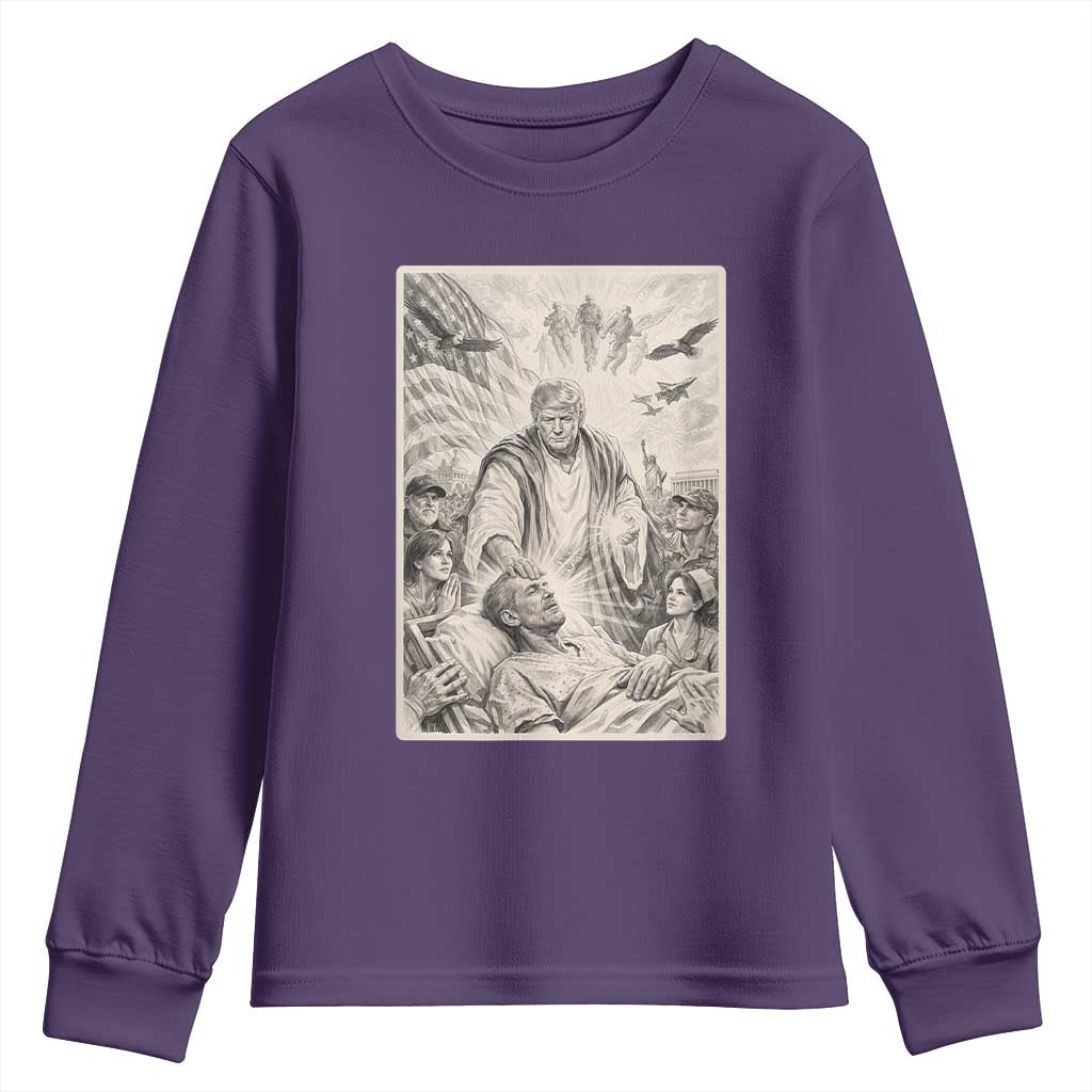 Trump The Healer Graphic Youth Sweatshirt Vintage Etching Style Religious Political Satire TS02 Purple Print Your Wear