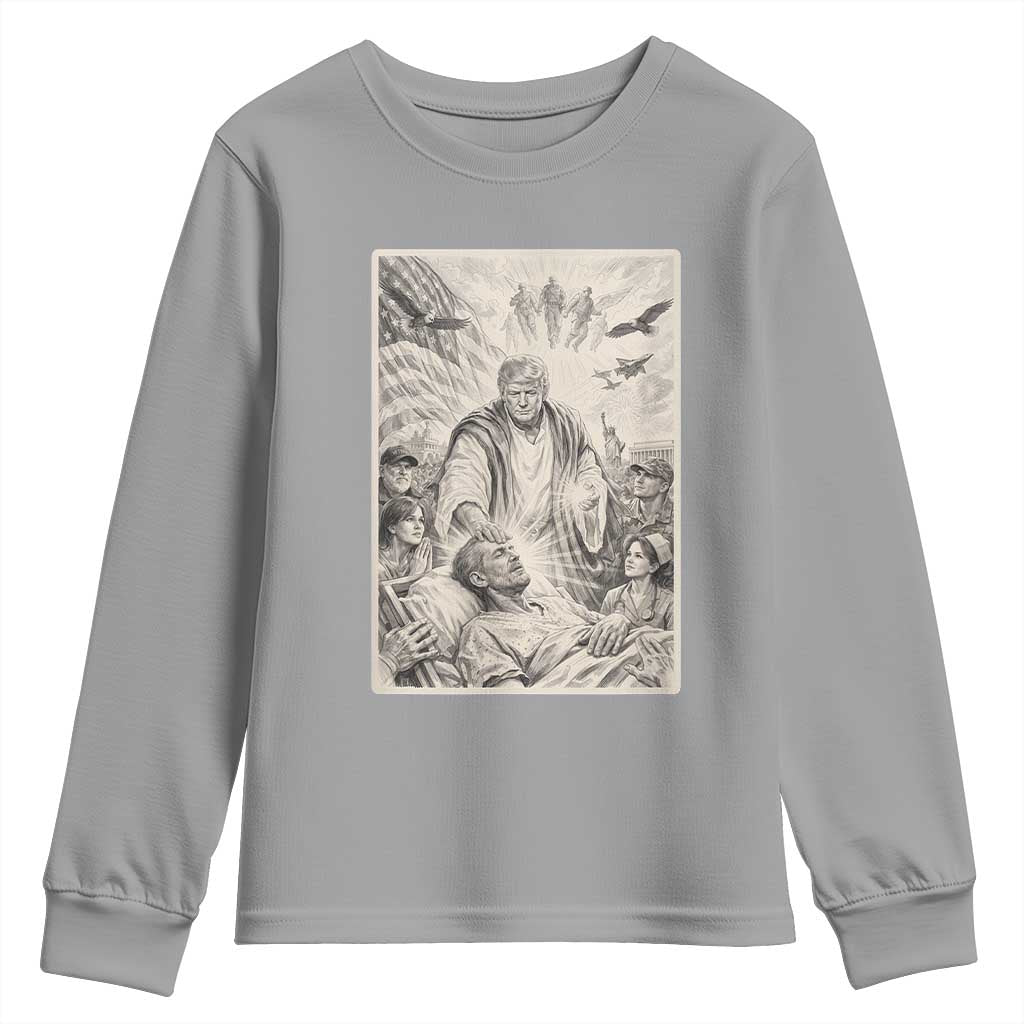 Trump The Healer Graphic Youth Sweatshirt Vintage Etching Style Religious Political Satire TS02 Sport Gray Print Your Wear