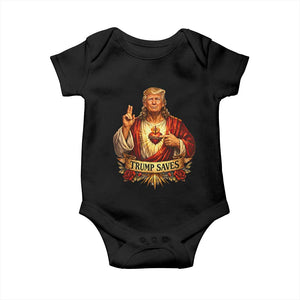 Trump Saves Sacred Heart Religious Parody Baby Onesie Jesus-Like Devine Leader Political Satire TS02 Black Print Your Wear
