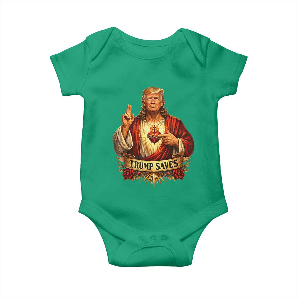 Trump Saves Sacred Heart Religious Parody Baby Onesie Jesus-Like Devine Leader Political Satire TS02 Irish Green Print Your Wear