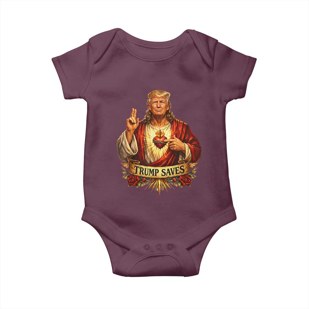 Trump Saves Sacred Heart Religious Parody Baby Onesie Jesus-Like Devine Leader Political Satire TS02 Maroon Print Your Wear