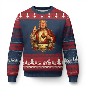 Trump Saves Sacred Heart Religious Parody Ugly Christmas Sweater Jesus-Like Devine Leader Political Satire TS02 Navy Red Print Your Wear