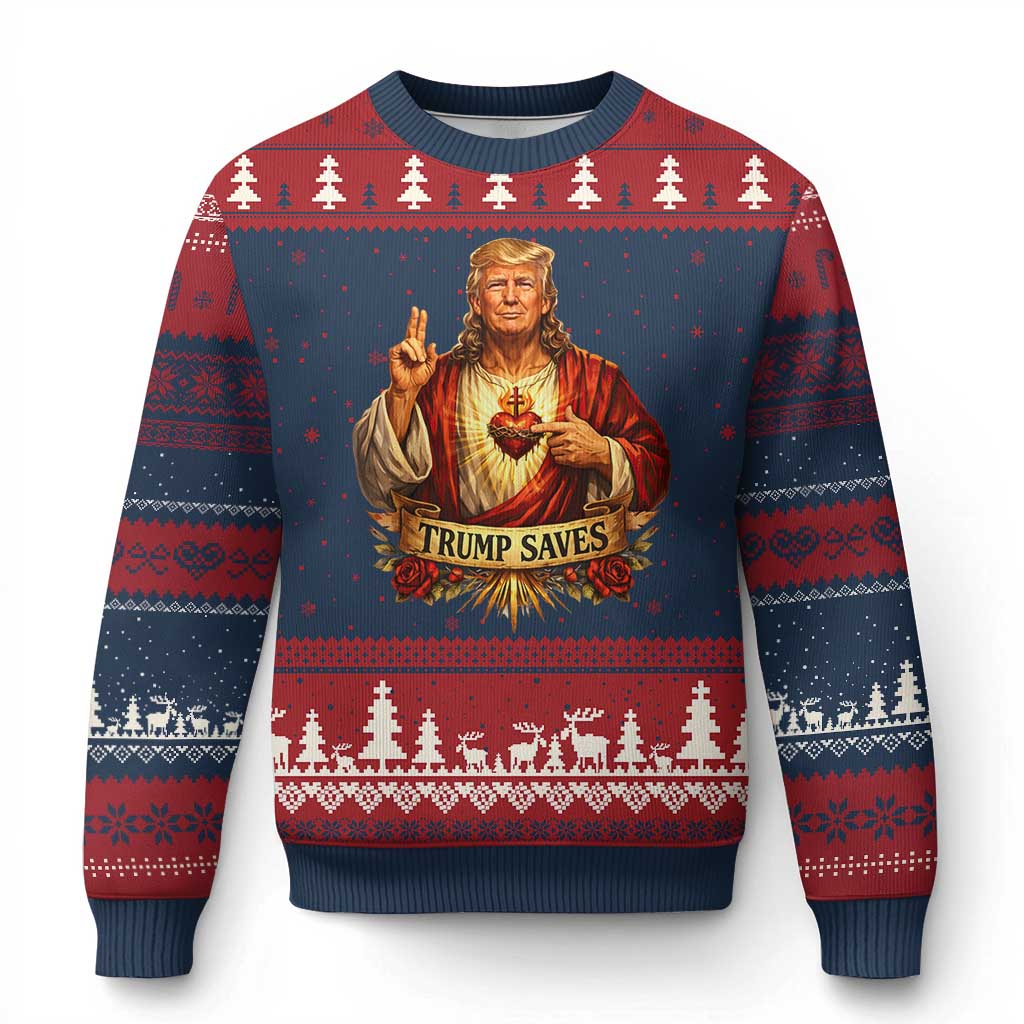Trump Saves Sacred Heart Religious Parody Ugly Christmas Sweater Jesus-Like Devine Leader Political Satire TS02 Navy Red Print Your Wear