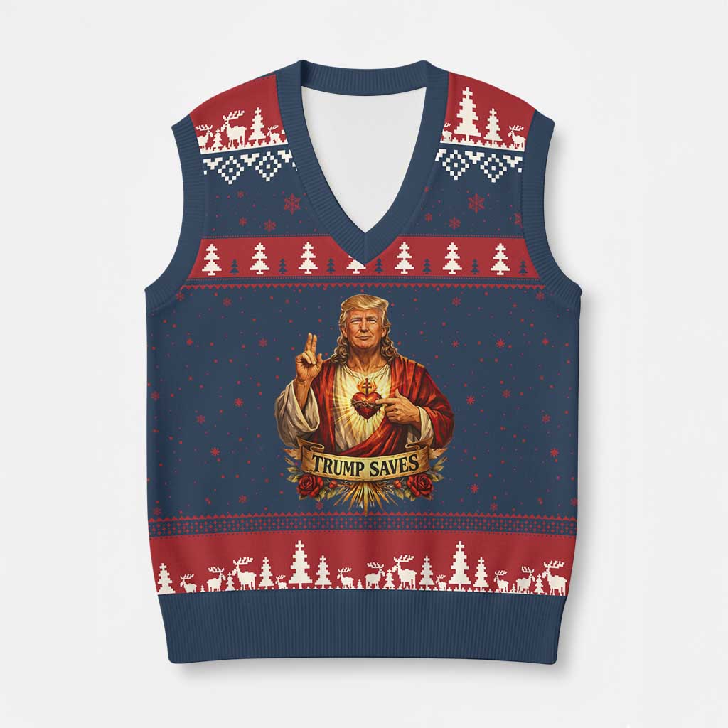 Trump Saves Sacred Heart Religious Parody V-Neck Knit Sweater Vest Jesus-Like Devine Leader Political Satire TS02 Navy Red Print Your Wear