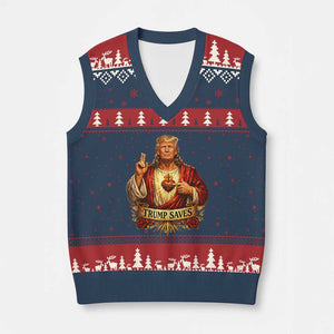 Trump Saves Sacred Heart Religious Parody V-Neck Knit Sweater Vest Jesus-Like Devine Leader Political Satire TS02 Navy Red Print Your Wear
