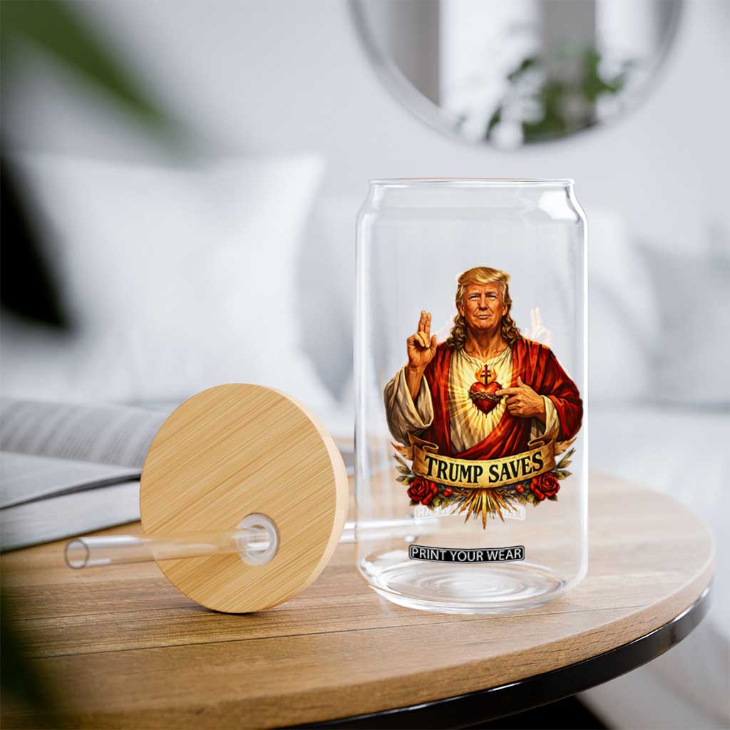 Trump Saves Sacred Heart Religious Parody Glass Can Jesus-Like Devine Leader Political Satire TS02 Print Your Wear