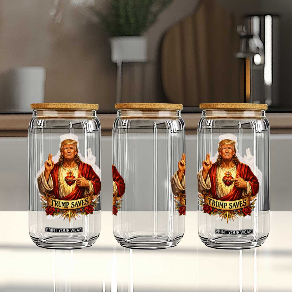 Trump Saves Sacred Heart Religious Parody Glass Can Jesus-Like Devine Leader Political Satire TS02 Print Your Wear