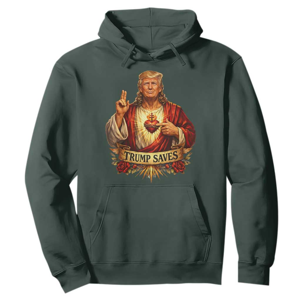 Trump Saves Sacred Heart Religious Parody Hoodie Jesus-Like Devine Leader Political Satire TS02 Dark Forest Green Print Your Wear