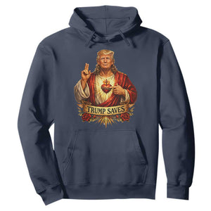 Trump Saves Sacred Heart Religious Parody Hoodie Jesus-Like Devine Leader Political Satire TS02 Navy Print Your Wear