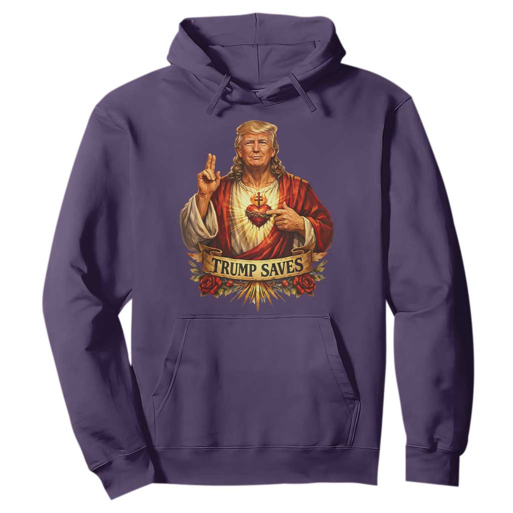 Trump Saves Sacred Heart Religious Parody Hoodie Jesus-Like Devine Leader Political Satire TS02 Purple Print Your Wear