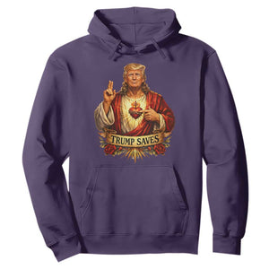 Trump Saves Sacred Heart Religious Parody Hoodie Jesus-Like Devine Leader Political Satire TS02 Purple Print Your Wear