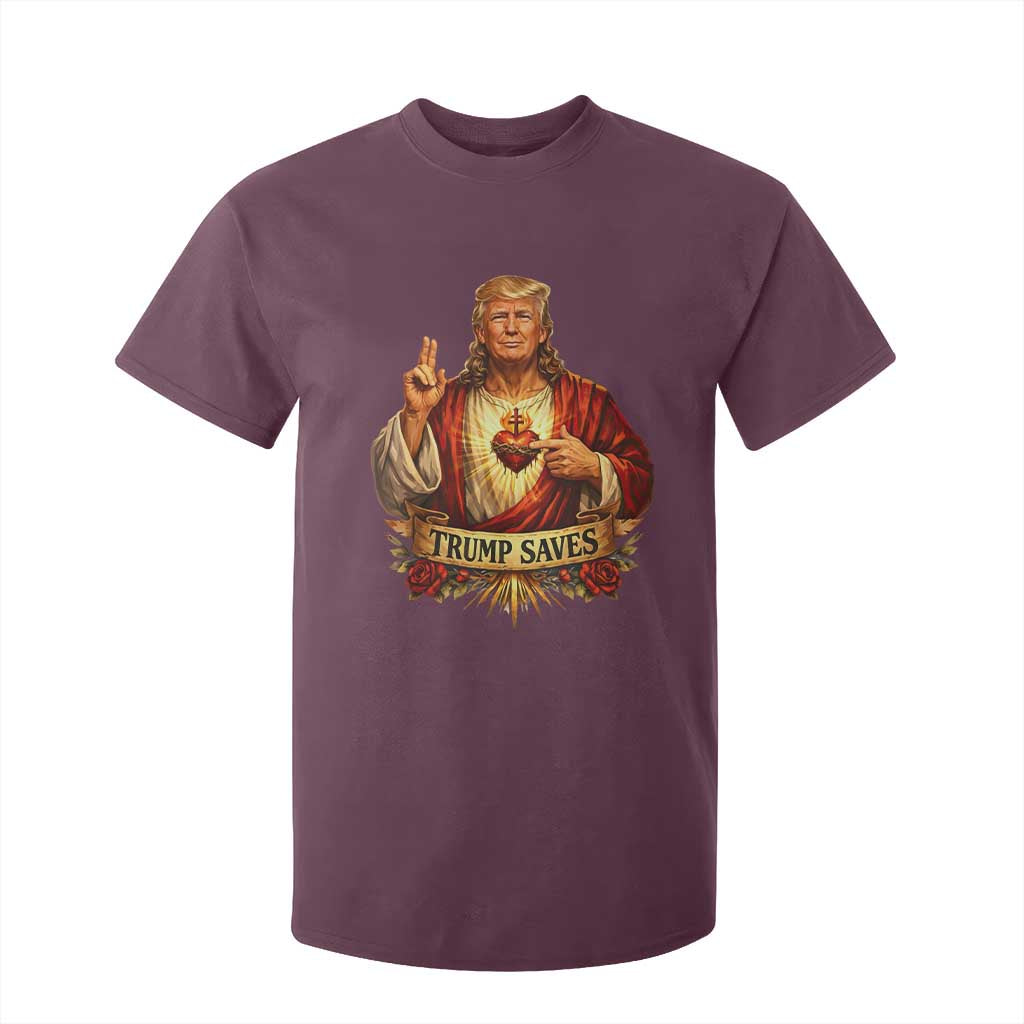 Trump Saves Sacred Heart Religious Parody T Shirt For Kid Jesus-Like Devine Leader Political Satire TS02 Maroon Print Your Wear