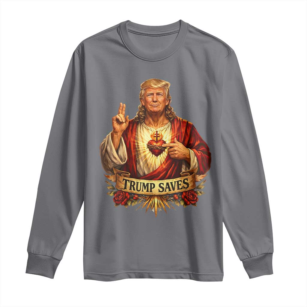 Trump Saves Sacred Heart Religious Parody Long Sleeve Shirt Jesus-Like Devine Leader Political Satire TS02 Charcoal Print Your Wear