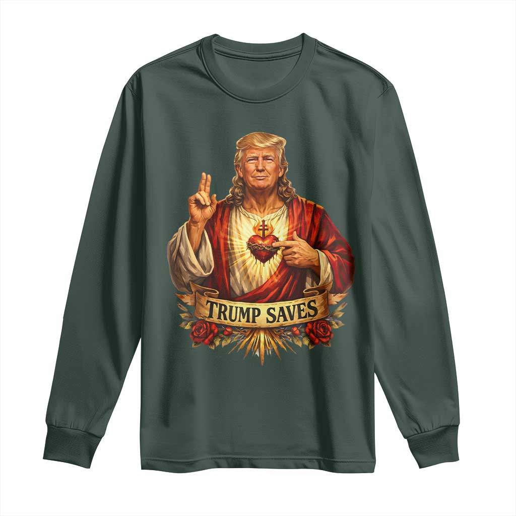 Trump Saves Sacred Heart Religious Parody Long Sleeve Shirt Jesus-Like Devine Leader Political Satire TS02 Dark Forest Green Print Your Wear