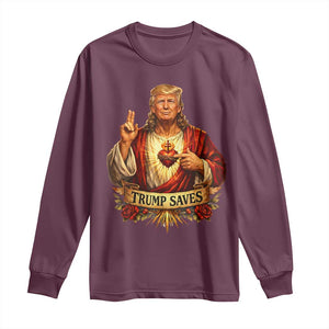 Trump Saves Sacred Heart Religious Parody Long Sleeve Shirt Jesus-Like Devine Leader Political Satire TS02 Maroon Print Your Wear
