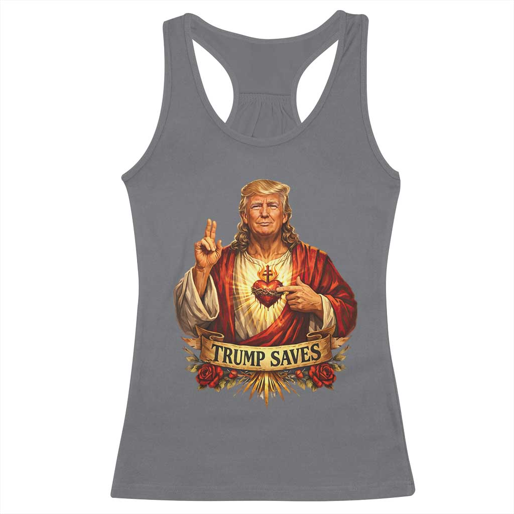 Trump Saves Sacred Heart Religious Parody Racerback Tank Top Jesus-Like Devine Leader Political Satire TS02 Charcoal Print Your Wear