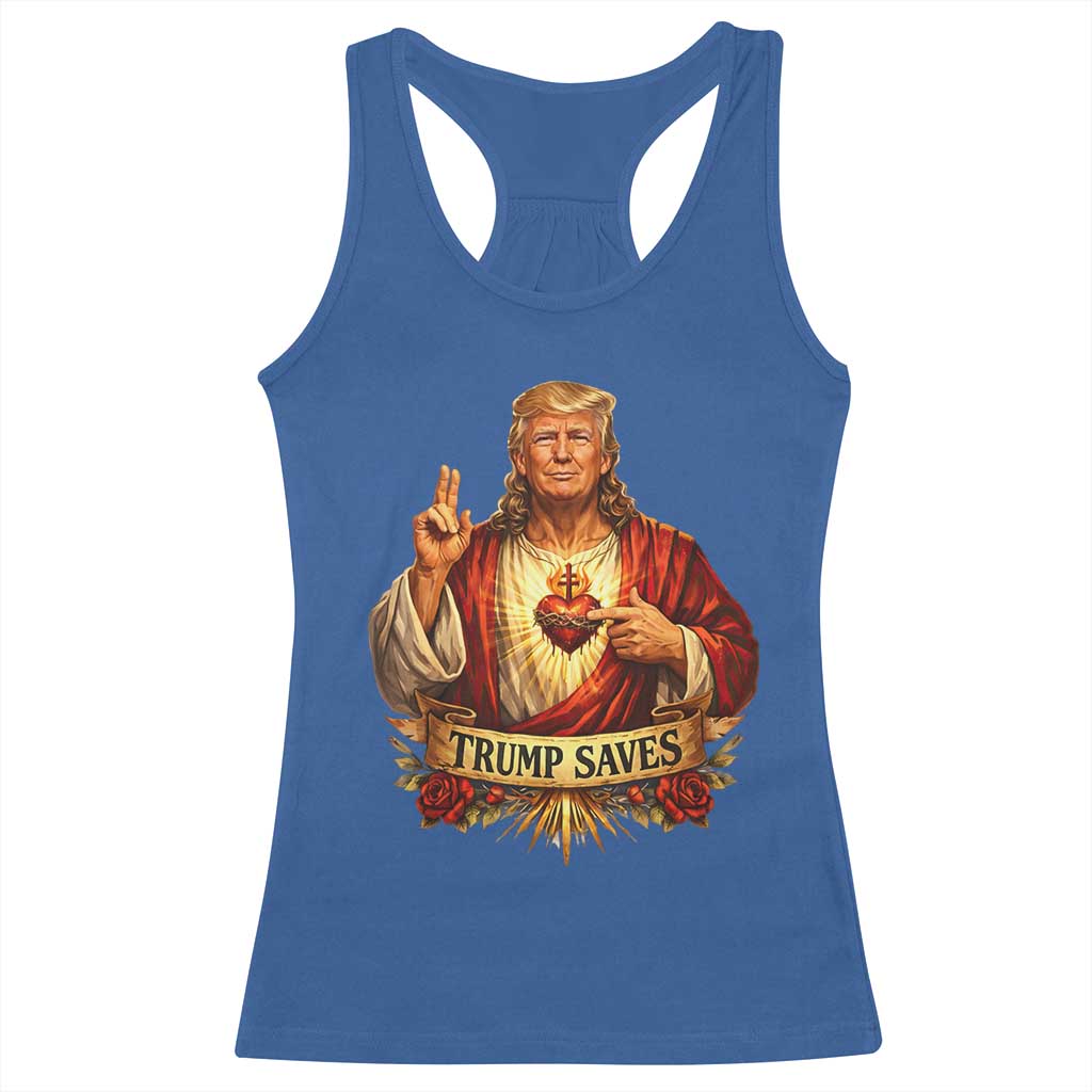 Trump Saves Sacred Heart Religious Parody Racerback Tank Top Jesus-Like Devine Leader Political Satire TS02 Royal Blue Print Your Wear
