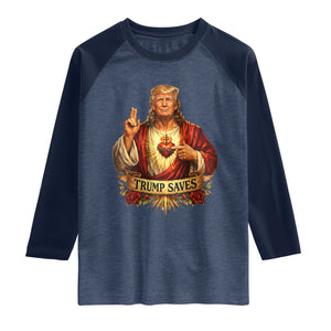 Trump Saves Sacred Heart Religious Parody Raglan Shirt Jesus-Like Devine Leader Political Satire TS02 Heather Denim Navy Print Your Wear