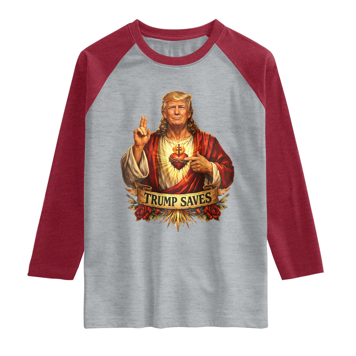 Trump Saves Sacred Heart Religious Parody Raglan Shirt Jesus-Like Devine Leader Political Satire TS02 Heather Gray Heather Red Print Your Wear