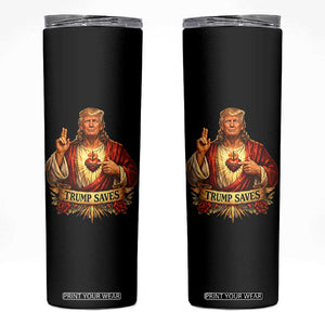 Trump Saves Sacred Heart Religious Parody Skinny Tumbler Jesus-Like Devine Leader Political Satire TS02 Black Print Your Wear