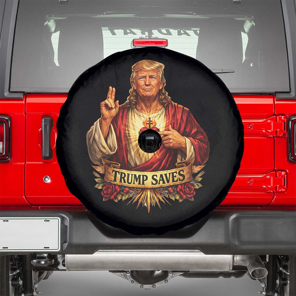 Trump Saves Sacred Heart Religious Parody Spare Tire Cover Jesus-Like Devine Leader Political Satire TS02 Black Print Your Wear