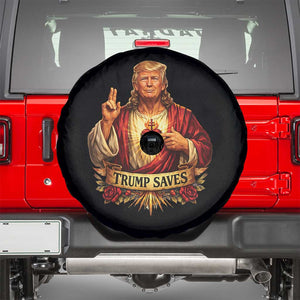 Trump Saves Sacred Heart Religious Parody Spare Tire Cover Jesus-Like Devine Leader Political Satire TS02 Black Print Your Wear