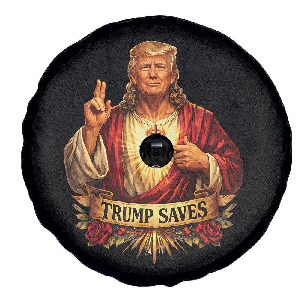 Trump Saves Sacred Heart Religious Parody Spare Tire Cover Jesus-Like Devine Leader Political Satire TS02 Print Your Wear