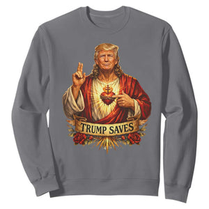 Trump Saves Sacred Heart Religious Parody Sweatshirt Jesus-Like Devine Leader Political Satire TS02 Charcoal Print Your Wear