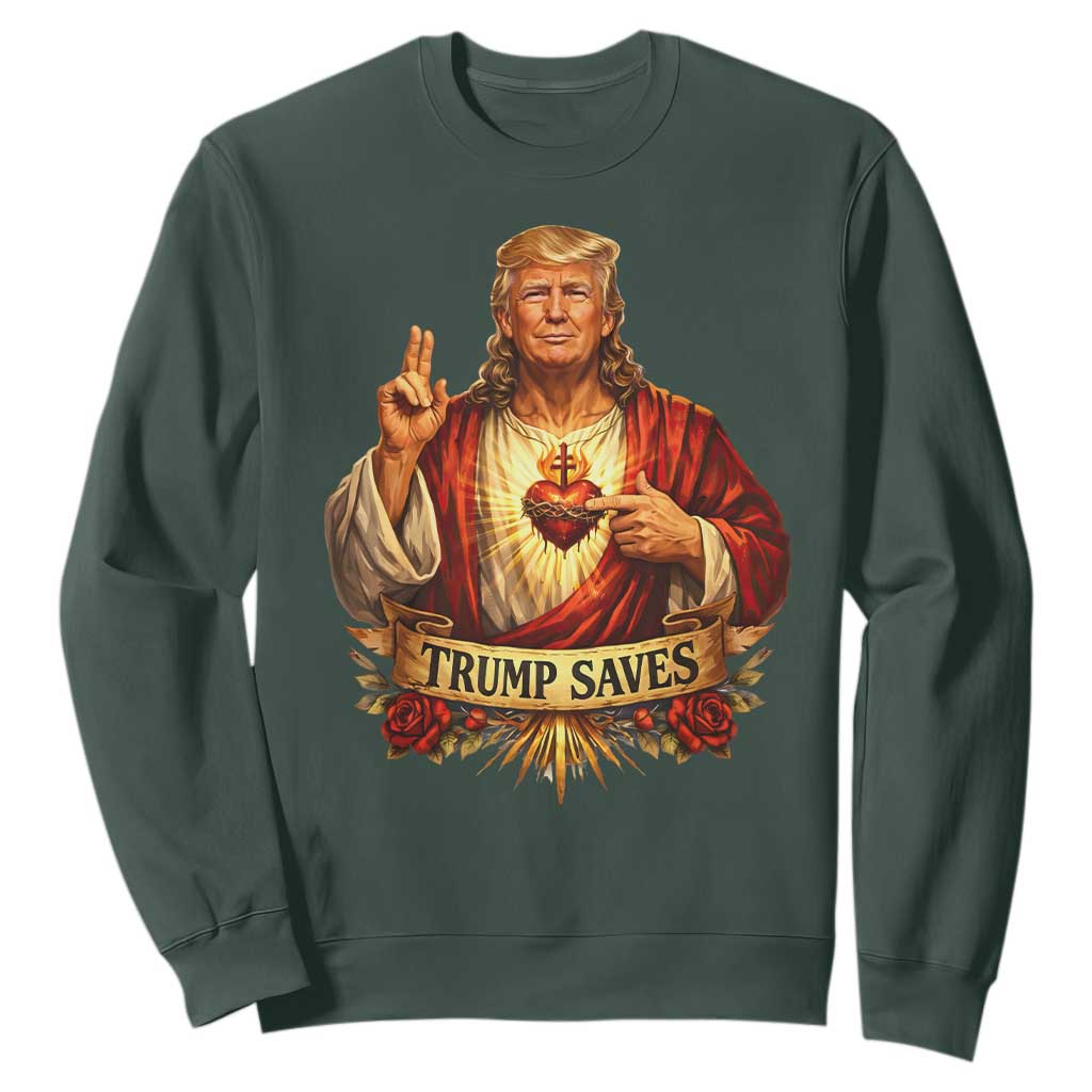 Trump Saves Sacred Heart Religious Parody Sweatshirt Jesus-Like Devine Leader Political Satire TS02 Dark Forest Green Print Your Wear