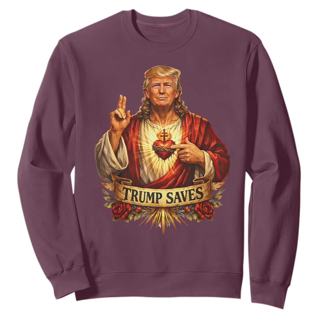 Trump Saves Sacred Heart Religious Parody Sweatshirt Jesus-Like Devine Leader Political Satire TS02 Maroon Print Your Wear