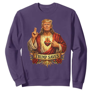 Trump Saves Sacred Heart Religious Parody Sweatshirt Jesus-Like Devine Leader Political Satire TS02 Purple Print Your Wear