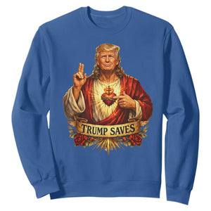 Trump Saves Sacred Heart Religious Parody Sweatshirt Jesus-Like Devine Leader Political Satire TS02 Royal Blue Print Your Wear