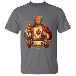 Trump Saves Sacred Heart Religious Parody T Shirt Jesus-Like Devine Leader Political Satire TS02 Charcoal Print Your Wear
