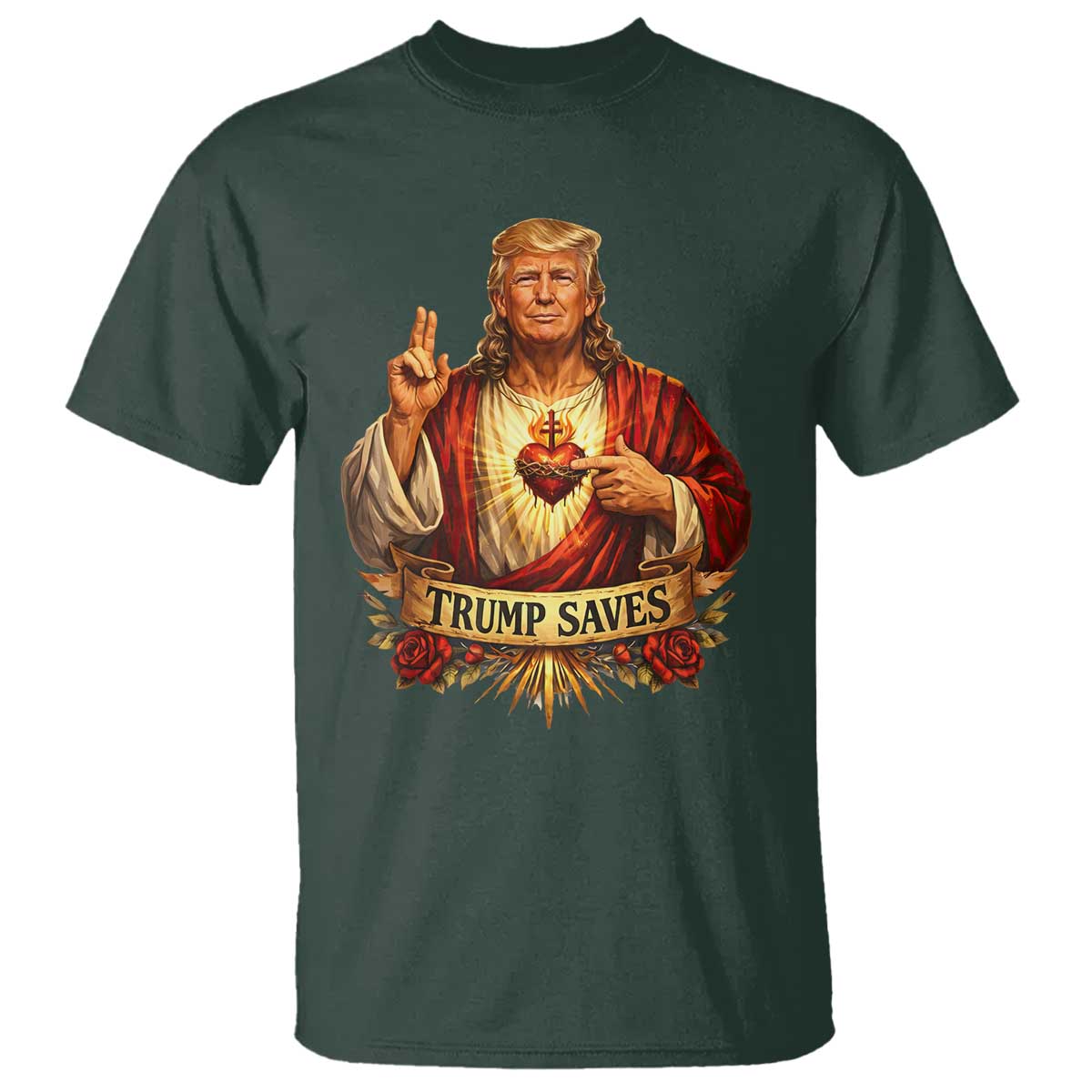 Trump Saves Sacred Heart Religious Parody T Shirt Jesus-Like Devine Leader Political Satire TS02 Dark Forest Green Print Your Wear