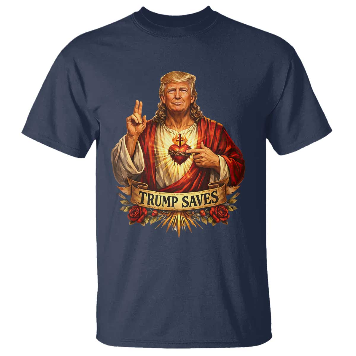 Trump Saves Sacred Heart Religious Parody T Shirt Jesus-Like Devine Leader Political Satire TS02 Navy Print Your Wear