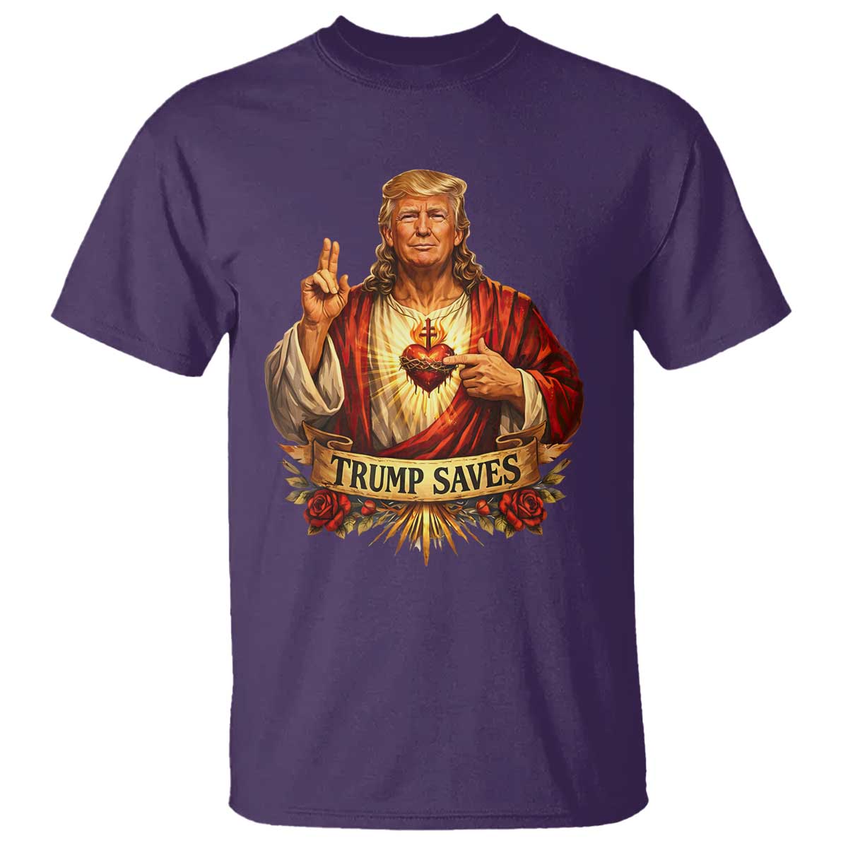 Trump Saves Sacred Heart Religious Parody T Shirt Jesus-Like Devine Leader Political Satire TS02 Purple Print Your Wear