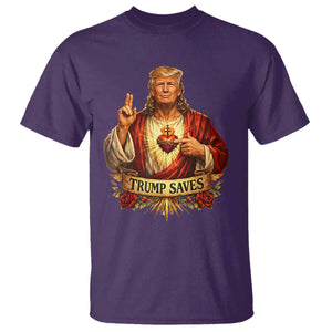 Trump Saves Sacred Heart Religious Parody T Shirt Jesus-Like Devine Leader Political Satire TS02 Purple Print Your Wear