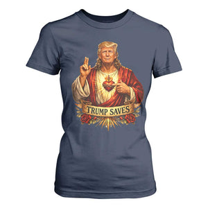 Trump Saves Sacred Heart Religious Parody T Shirt For Women Jesus-Like Devine Leader Political Satire TS02 Navy Print Your Wear