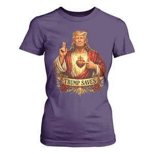 Trump Saves Sacred Heart Religious Parody T Shirt For Women Jesus-Like Devine Leader Political Satire TS02 Purple Print Your Wear