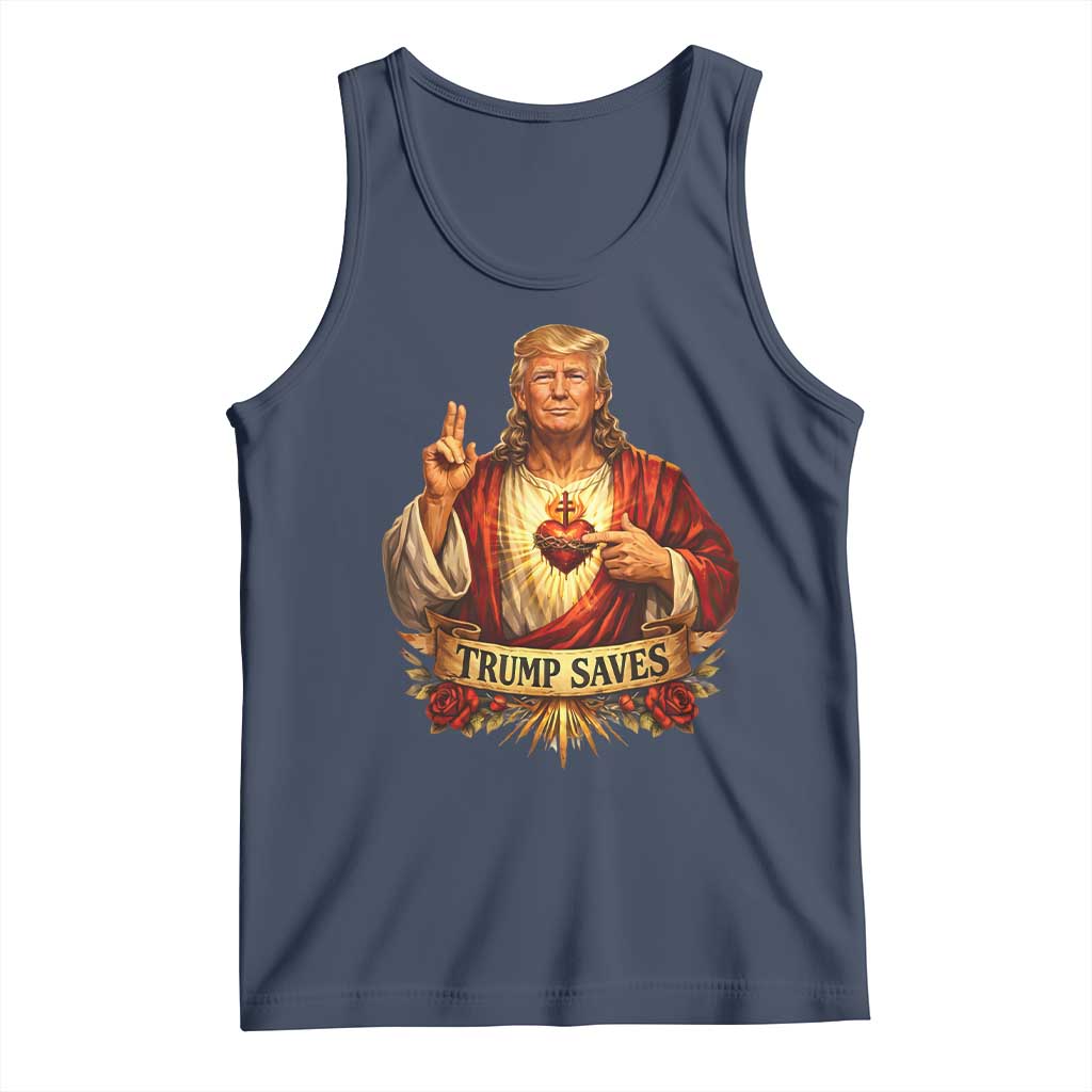 Trump Saves Sacred Heart Religious Parody Tank Top Jesus-Like Devine Leader Political Satire TS02 Navy Print Your Wear