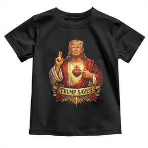 Trump Saves Sacred Heart Religious Parody Toddler T Shirt Jesus-Like Devine Leader Political Satire TS02 Black Print Your Wear