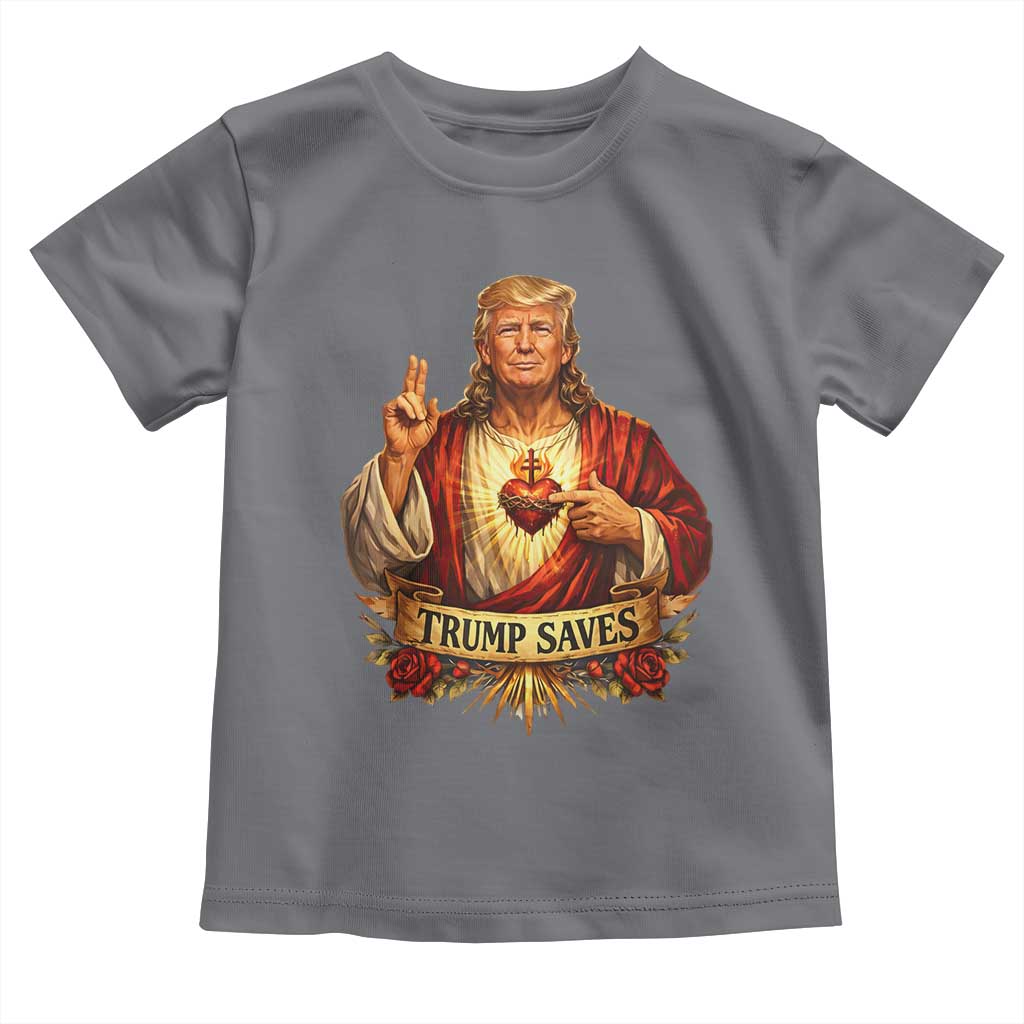 Trump Saves Sacred Heart Religious Parody Toddler T Shirt Jesus-Like Devine Leader Political Satire TS02 Charcoal Print Your Wear