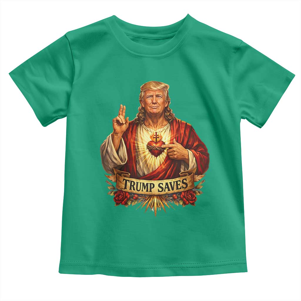 Trump Saves Sacred Heart Religious Parody Toddler T Shirt Jesus-Like Devine Leader Political Satire TS02 Irish Green Print Your Wear