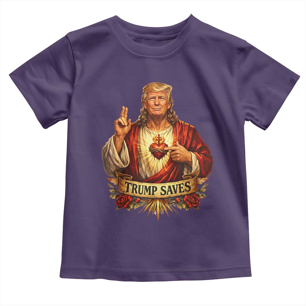 Trump Saves Sacred Heart Religious Parody Toddler T Shirt Jesus-Like Devine Leader Political Satire TS02 Purple Print Your Wear