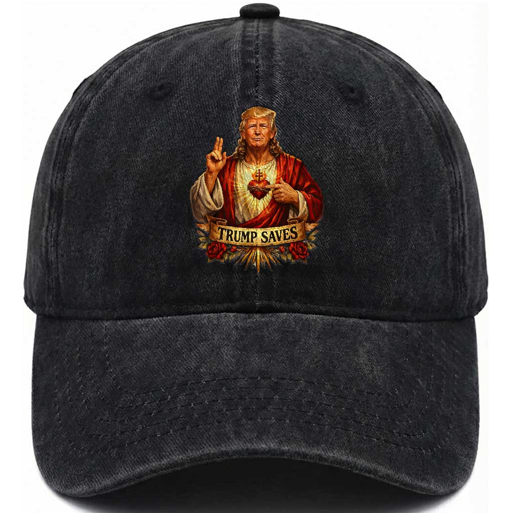 Trump Saves Sacred Heart Religious Parody Washed Cotton Baseball Cap Jesus-Like Devine Leader Political Satire TS02 Print Your Wear